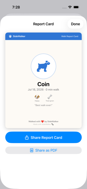 SideWalker walk report card with dog photo, duration, and mood